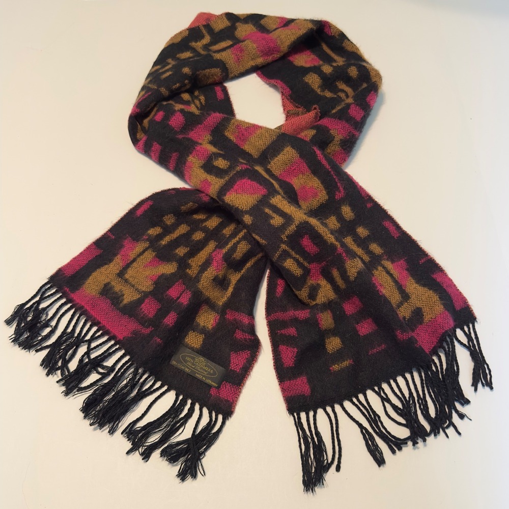 100% Cashmere Scarf Black Pink Gold Geometric Made in Germany 68x12 Luxury Scarf